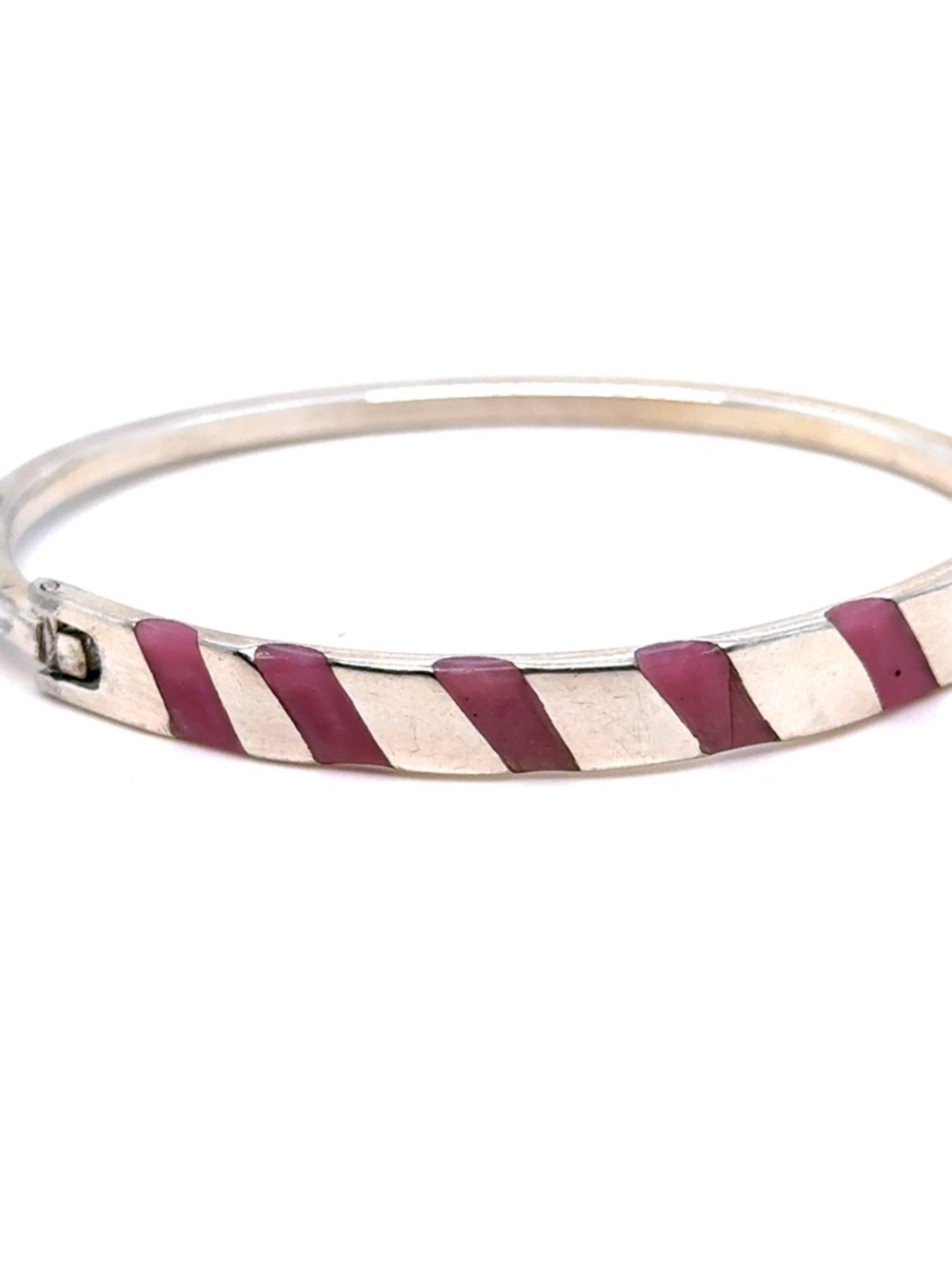 Silver Color Bangle with Pink Enamel Inlay